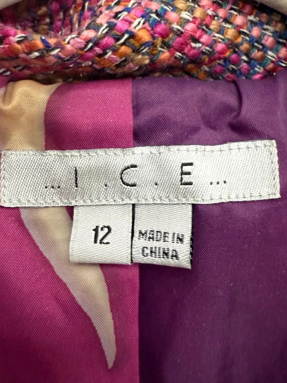 I C E Jacket Fringed Trim Ruffle Collar Tweed Women 12 Lined Pink Purple - Picture 3 of 14